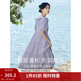 茵曼（INMAN）七七同款连衣裙2026夏女装新款田园纯棉提花方领A字泡泡袖蛋糕裙 紫色 100%棉 里料:100%聚酯纤维 S