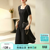 尚都比拉短袖连衣裙女夏季时尚通勤中长款a字裙钉珠收腰显瘦裙子 黑色 S