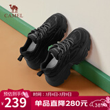 骆驼（CAMEL）老爹鞋女网布皮面拼接双系带厚底休闲鞋 L24S283079 黑色 37