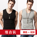 简束 背心男夏纯色棉质v领宽肩运动背心修身紧身打底汗衫男士无袖t恤 黑色+花灰（两件装） XL （70kg左右）