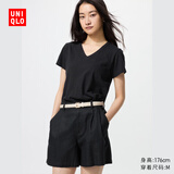 优衣库女装竹节纱V领T恤/短袖棉白T上衣打底内搭483576 09 黑色 S /155/80A