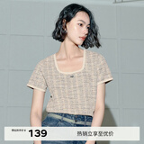 伊芙丽（eifini）伊芙丽甜酷小香编织面料撞色边百搭修身T恤2024春装新款经典上衣 松叶黄 M 100-110斤