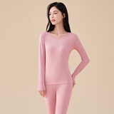 好波男秋衣套装素色棉氨高弹性圆领薄款打底内衣女修身秋衣秋裤HLL3.0 女士-藕色 M (160)