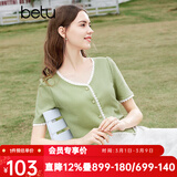 百图betu女装夏季新款T恤法式减龄蕾丝花边V领短袖T恤女2403T19 绿色 L