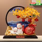 欧梵普（oufanpu）招财猫发财树新店开业摆件高档送人开张搬家乔迁礼物办公室装饰品 招财猫日进斗金发财树【黑框蓝沙】 财源广进 日进斗金-寓意美好