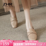 ZHR乐福鞋女一脚蹬真牛皮粗跟单鞋懒人鞋方头舒适英伦皮鞋女BL66杏37