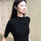 尤克达蒂（yookdd）小高领短袖T恤女春秋半袖打底衫修身显瘦美式辣妹黑色新款基础款 黑色半袖 M 【建议95-105斤】