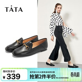 他她（TATA）方头乐福鞋女休闲平底一脚蹬小皮鞋女单鞋春秋款FLC22AM5 黑色 35