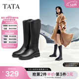 他她（TATA）黑色V口长筒靴女英伦加绒抗寒高筒靴骑士靴冬季G5JA1DG2 黑色（绒里） 34
