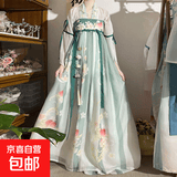 汉服女春夏季唐制对襟上衣齐胸襦裙印花大袖衫中国风古装演出服 绿色上衣+下裙（送肩带） L （120-150斤）
