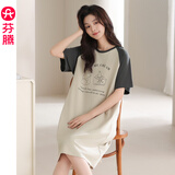 芬腾睡裙女夏季纯棉插肩撞色短袖睡衣胖妹妹时尚印花大码连衣裙子