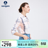 Navigare意大利小帆船女士长袖衬衫春秋季休闲格子衬衣莱赛尔高档寸衫 粉红/白 S