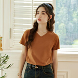 艾路丝婷短袖女时尚高级感2026新款夏装新款T恤女打底上衣韩版修身衣服女 V领焦糖色 2XL
