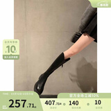 苏茵茵【蒋依依同款】女靴V口长筒靴粗跟高筒骑士靴加绒靴子女长靴冬季 黑色（单里） 39