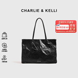 CHARLIE&KELLI CK品牌包包女包大容量褶皱托特包通勤单肩手提包女神节生日礼物 黑色【京仓配送 赠专柜礼袋】