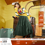 两三事丝绒半身裙春季女黑色百褶裙裙子复古半裙长裙 开心自转体 绿色 厚款 L