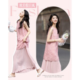 德玛纳【设计感假两件】夏季轻薄慵懒立体剪花无腰线直筒压褶女式连衣裙