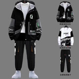 唐号 休闲外套男春秋韩版潮流宽松运动一套衣服2024三件套装休闲夹克 三件套/黑色夹克+卫衣+裤子灰 XL