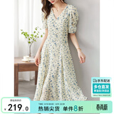 尚都比拉夏季法式碎花连衣裙泡泡袖茶歇裙气质女神范裙子 杏底蓝花 S 