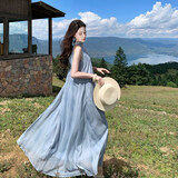 南木熊挂脖吊带连衣裙女2026新款清冷感海边度假风显瘦无袖v领薄纱长裙 蓝色挂脖连衣裙 L 【105-115斤】