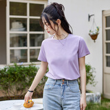 艾路丝婷短袖女时尚高级感2026新款夏装新款T恤女打底上衣韩版修身衣服女 圆领紫色 XL