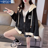 莫代尔连帽卫衣外套女2026春春秋季新款韩版百搭宽松短款小个子上衣女装 黑色（不） 加绒 M 80-100斤