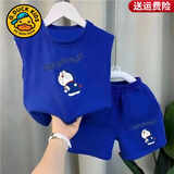 G.duck小黄鸭夏装男童背心套装小童宝宝夏天衣服儿童无袖短裤夏季两件套 蓝色回头叮当猫（一套) 110 码（身高95-105cm）