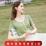 百图betu女装夏季新款T恤法式减龄蕾丝花边V领短袖T恤女2403T19 绿色 M