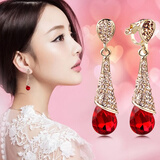 依特长款耳钉女士耳环高级感新娘无耳洞耳夹耳饰品气质耳坠生日礼物女 耳夹款高贵红