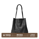 裘真008水桶包女斜挎通勤大容量真皮复古小众植鞣牛皮包包 黑色-大号