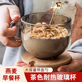 威尔斯伯格日式钢化玻璃杯早餐杯带把手家用大容量酸奶碗牛奶燕麦杯大肚杯 470ml茶色杯【+竹盖+星星勺】