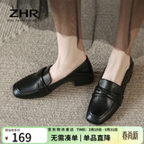 ZHR乐福鞋女一脚蹬真牛皮粗跟单鞋懒人鞋方头舒适英伦皮鞋女BL66黑38