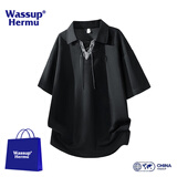 WASSUP HERMU官方短袖套装男夏季松弛慵懒风T恤拼接系带V领假两件装休闲POLO衫 黑色上衣 XL （推荐120-140斤）