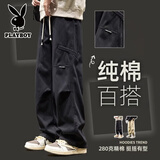 花花公子（PLAYBOY）裤子男款夏季休闲直筒宽松春秋天高端男士美式工装纯棉弯刀长裤 535黑色 2XL （建议140-160斤）