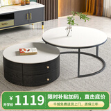 左客左家（ZUOKEZUOJIA）意式简约中古风茶几客厅家用茶桌小户型实木圆形岩板茶几边几组合 升级款|实木黑柜|60纯白+80纯白