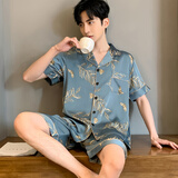 南极人（Nanjiren）冰丝睡衣男高级感可外穿男款大码短袖短裤家居服套装2026新款夏季 蓝灰树叶 XL 【推荐125-140斤】