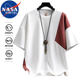 NASA MARVEL短袖T恤男士夏季圆领休闲宽松双色拼接上衣打底衫 白红色 2XL
