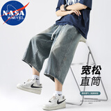 NASA MARVEL七分裤男士夏季复古美式百搭宽松直筒牛仔裤 复古蓝 XL