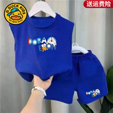 G.duck小黄鸭夏装男童背心套装小童宝宝夏天衣服儿童无袖短裤夏季两件套 蓝色小猫（一套) 100 码（身高85-95cm）
