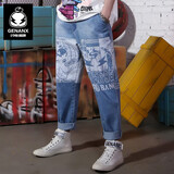 闪电潮牌（GENANX）浅色牛仔裤男夏天卡通印花宽松直筒哈伦小脚裤男潮 天蓝色 L
