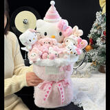 AWHAHelloKitty玩偶花束库洛米卡通毛绒玩偶花束生日礼物送女朋友 生日帽hellokitty玩偶花束+礼袋灯串