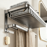 馨沛免打孔毛巾架网篮浴巾架太空铝双折叠双杆浴室置物架卫浴壁挂收纳