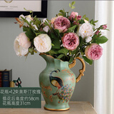 蒂拉美式陶瓷花瓶花艺套装摆件家居装饰仿真花假花工艺品家居摆件摆设 蓝底孔雀奶壶花瓶+12支奥斯汀玫瑰