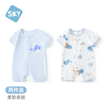 舒贝怡2件装婴儿衣服夏季薄款新生儿连体衣短袖哈衣儿童爬服蓝色66CM