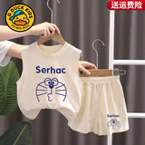 G.duck小黄鸭夏装男童背心套装小童宝宝夏天衣服儿童无袖短裤夏季两件套 杏色大猫（一套) 90 码（身高75-85cm）