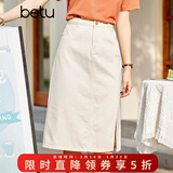 betu百图女装牛仔半身裙高腰A字修身包臀女式中长款裙子2107T46 杏色 L