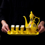 九楼阁 景德镇青花高温陶瓷仿古白酒酒壶酒杯酒具套装高脚杯酒具1壶10杯 黄釉帝王龙 泡沫安全包装--不含托盘