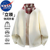 NASA MARVEL夹克男春秋季休闲美式外套格子拼接立领上衣 杏色 L