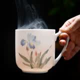 千红窑醴陵中式手绘带碟办公茶杯陶瓷水杯带盖会议杯杯子定制礼品LOGO 蝴蝶兰单杯