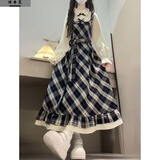 诗丹蕊法式减龄气质甜美格纹学院风连衣裙女春秋假两件显瘦收腰a字裙子 假两件格纹连衣裙【不含杏色腰绳】 均码 【可备注码数】